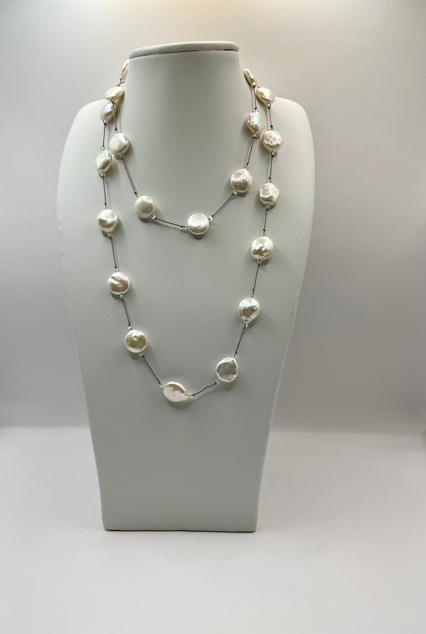 Coin Pearls and Swarovski Crystals Silver Necklaces long