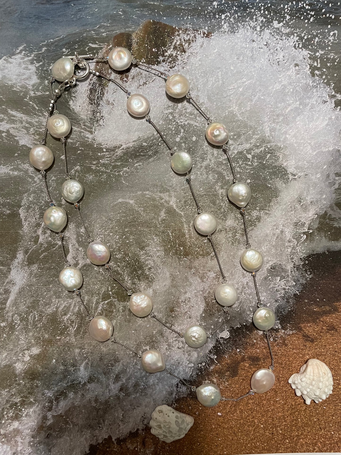 Coin Pearls and Swarovski Crystals Silver Necklaces long