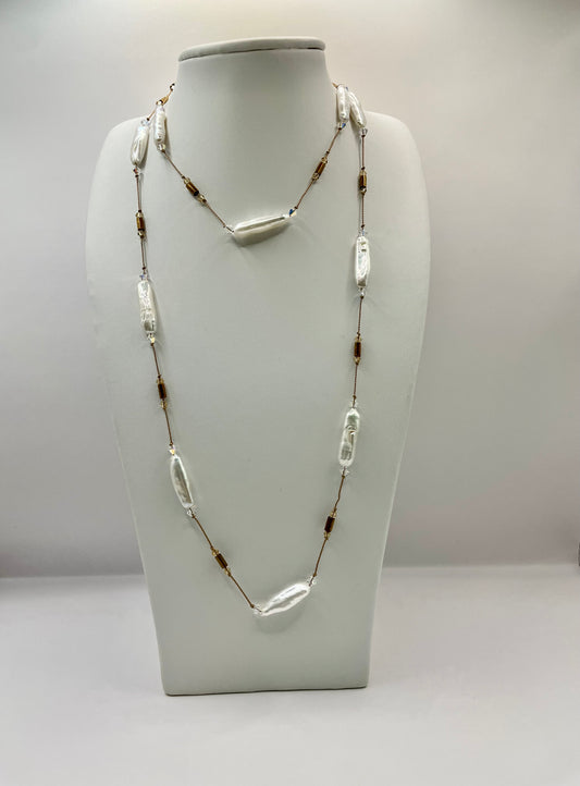 Biwa Pearls and Swarovski Crystals Necklaces long